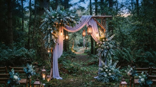 Enchanted forest wedding arch with lanterns and floral arrangements