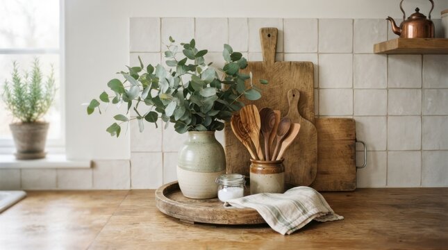 Rustic kitchen counter with eucalyptus and wooden utensils on a tray