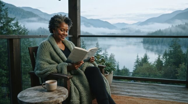 Woman wrapped in a blanket reading a book on a balcony with a scenic mountain lake view