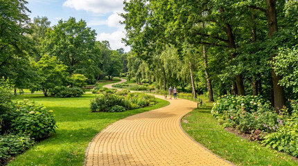 Fototapeta premium Scenic Park Pathway With People Enjoying A Gentle Stroll Among Lush Greenery