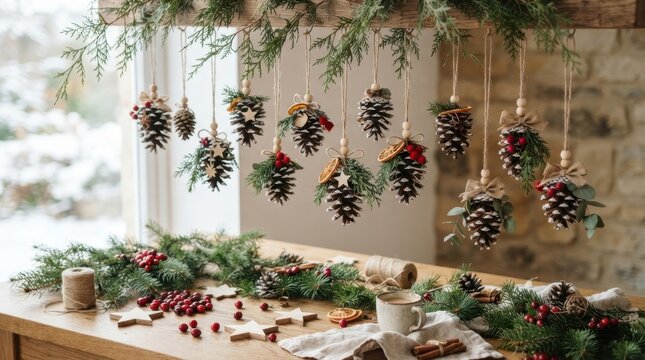Handmade pine cone Christmas ornaments hanging by a window with winter scenery
