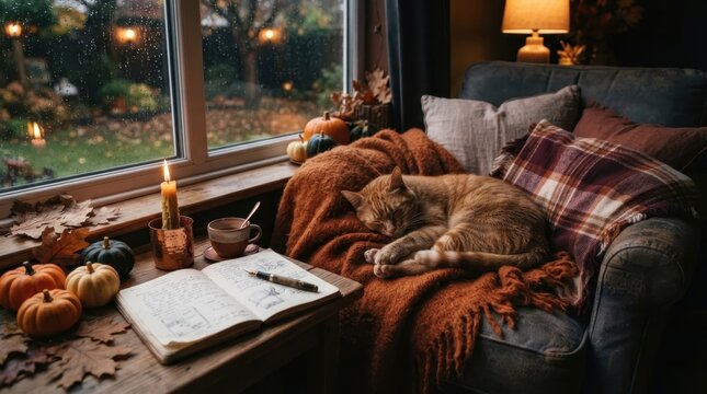 Cozy autumn scene with cat sleeping by rainy window and lit candle