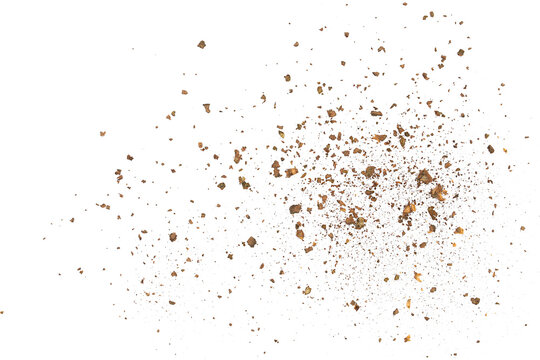Explosion of dry tree bark pieces isolated on white background, flying wood chips