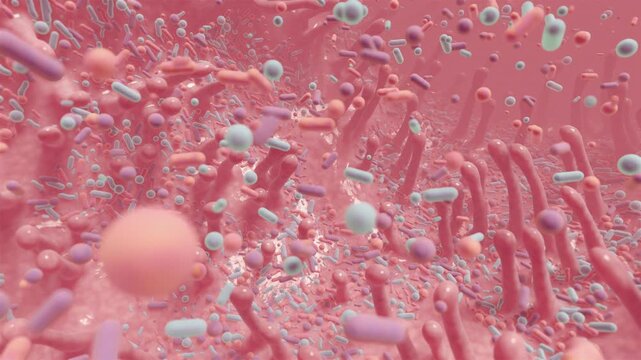 Realistic 3D medical animation of healthy digestive flora and probiotic biology background. 4k microscopic villi and diverse floating gut microbiome bacteria. 