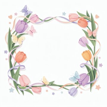 Watercolor floral frame border with spring flowers and butterflies on white background