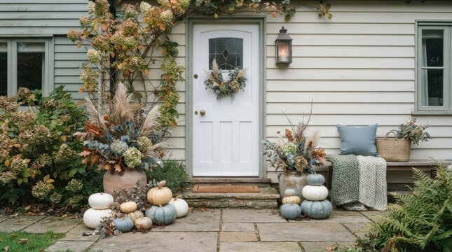 Autumnal porch decor with pumpkins and dried flowers welcomes guests