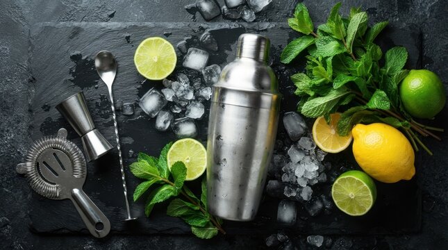 Cocktail making essentials: shaker, citrus, mint, and ice on dark slate
