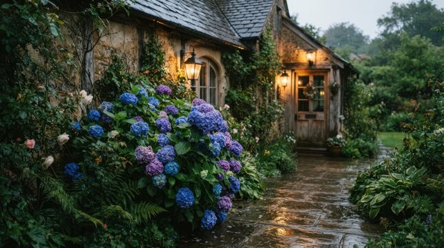 Charming cottage garden path with blooming hydrangeas after rain