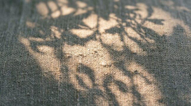 Sunlight dappling through leaves casts shadows on textured linen fabric