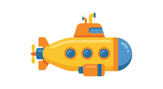 A yellow submarine illustration features a rounded hull periscope and orange propeller fins vessel