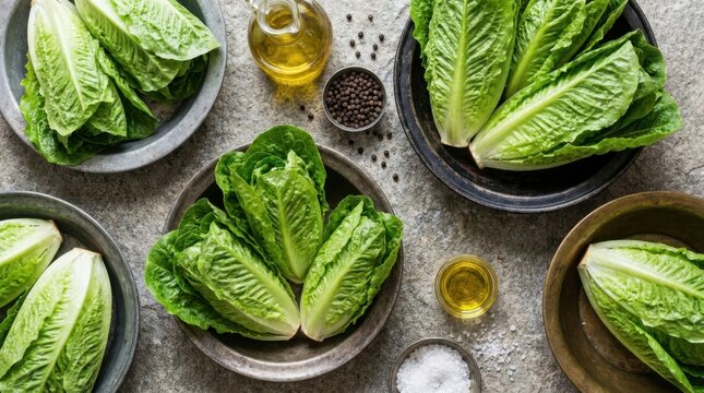 Fresh romaine lettuce heads arranged with olive oil, salt, and peppercorns