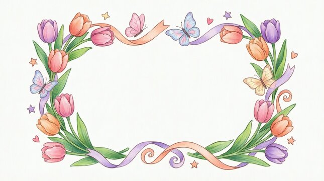 Watercolor floral frame border with spring flowers and butterflies on white background