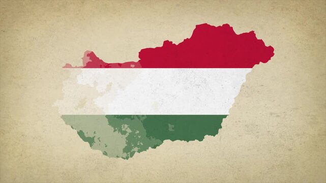 Animated Appearing HUNGARY Map Filled with Flag Isolated on Vintage Background