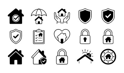 Fototapeta premium Minimal Black and White Home Safety Security Icon Collection Vector