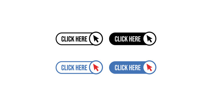 Click here buttons with mouse cursor icons in multiple variations for web ui call to action.