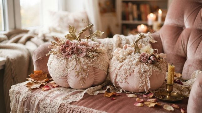 Elegant fabric pumpkins adorned with lace and flowers for autumn decor