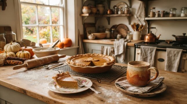 Cozy autumn kitchen scene with pumpkin pie and warm drink on wooden table