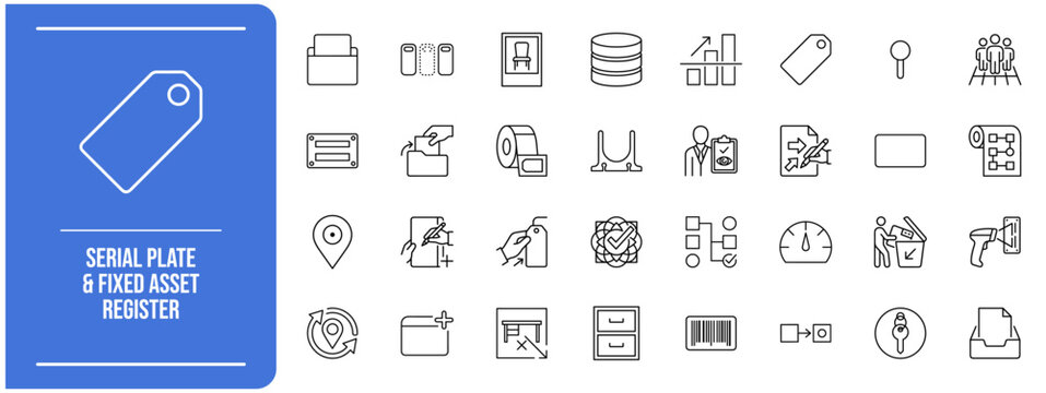 Serial Plate & Fixed Asset Register icon set. Vector Accounting, Tax and Audit symbols for fixed asset register and UI design.