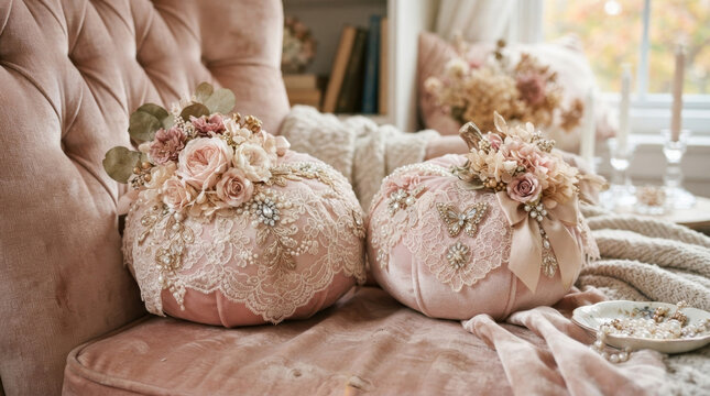 Elegant pink velvet pumpkins adorned with lace and pearls for festive decor