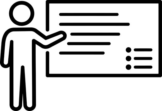 Teacher presenting data vector isolated on transparent background illustration showing instructor pointing at board with bullet points for school lecture education.
