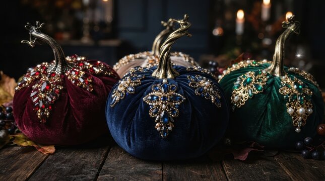 Luxurious jeweled velvet pumpkins arranged for elegant autumn and Halloween decor