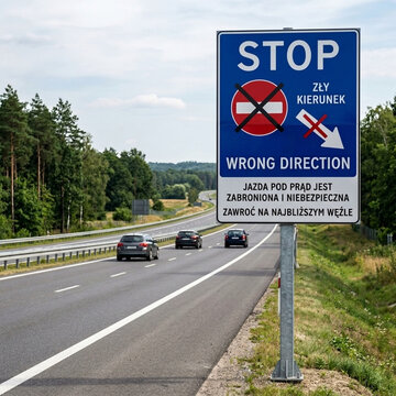 Stop Wrong Direction Highway Signage With Road Traffic View