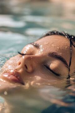 A woman is relaxing in a pool with her eyes closed, enjoying the calmness and serenity of the water. vertical frame