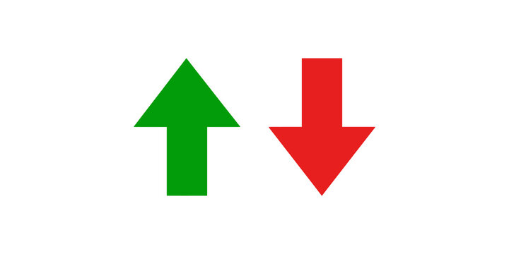 Green up arrow and red down arrow symbols with flat design for business financial charts and trend analysis.