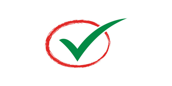 Hand drawn red circle with green check mark indicating verification or task completion for positive feedback.