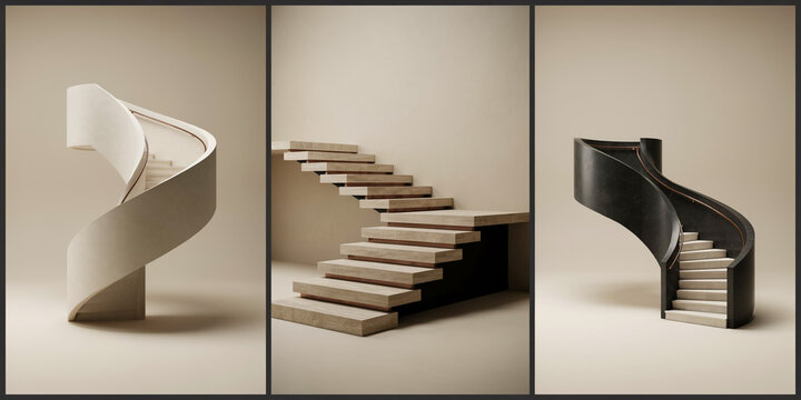 Three different styles of architectural staircases in beige and black tones