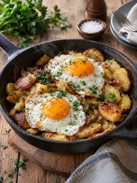 Deftiges Bauernfr&uuml;hst&uuml;ck mit knusprigen Bratkartoffeln, Speck und zwei Spiegeleiern in einer gusseisernen Pfanne &ndash; rustikale deutsche Hausmannskost, hei&szlig; serviert.