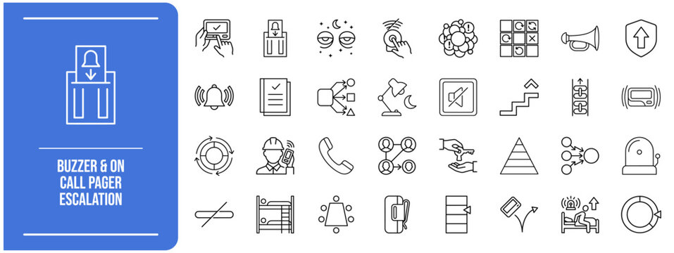 Buzzer & On Call Pager Escalation icon set. Vector Cloud, DevOps and Infrastructure symbols for on call pager escalation and UI design.