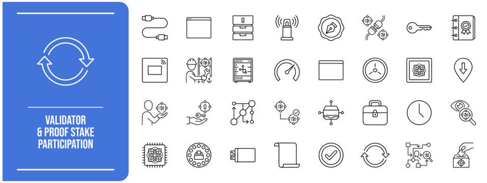 Validator & Proof Stake Participation icon set. Vector Blockchain and Web3 Infrastructure symbols for proof stake participation and UI design.