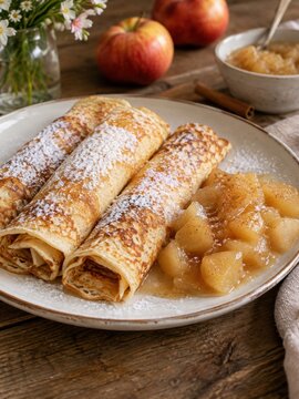 Goldbraune deutsche Eierpfannkuchen mit Puderzucker und hausgemachtem Apfelkompott &ndash; eine s&uuml;&szlig;e Eierspeise und beliebte Mehlspeise zum Fr&uuml;hst&uuml;ck oder als Dessert.