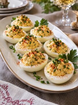 Klassische gef&uuml;llte Eier mit cremiger Eigelbf&uuml;llung, Schnittlauch, Petersilie und Paprikapulver auf einer festlichen Platte &ndash; beliebtes Fingerfood f&uuml;r Buffet und Feier.