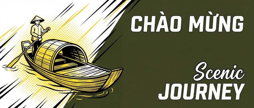 Vietnamese boatman sampan boat rowing traditional river culture graphic vector illustration with Chao Mung text and Scenic Journey typography banner design for Southeast Asia travel tourism art photo