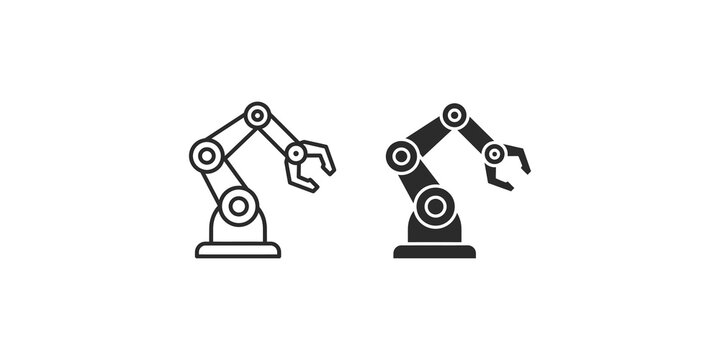 Robotic arm manufacturing machine icons in line and silhouette styles.