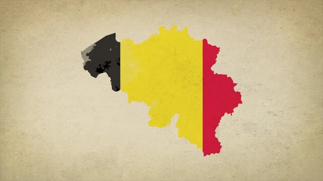 Animated Appearing BELGIUM Map Filled with Flag Isolated on Vintage Background