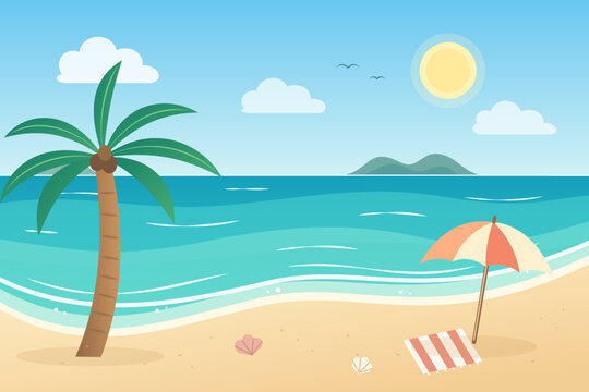 Tropical beach landscape illustration with palm tree, sun, ocean waves, umbrella, and striped towel on sand, flat cartoon background vector