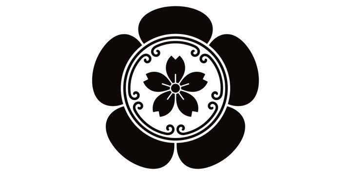 Black traditional Japanese cherry blossom family crest symbol with ornate circular frame.