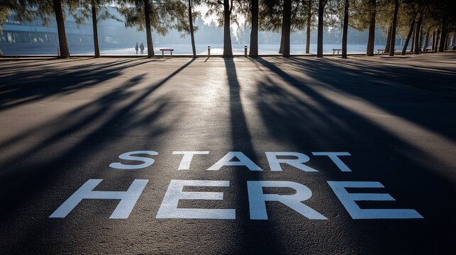 START HERE Marked on Pavement with Long Tree Shadows