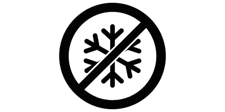 Black silhouette of snowflake inside a prohibition sign symbolizing no snow or winter warning.