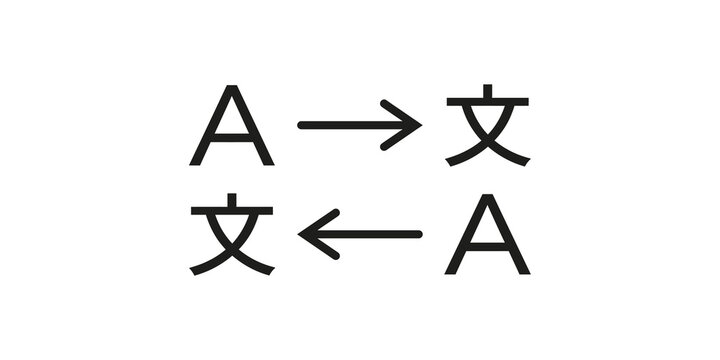 Language translation icon set featuring latin character a and chinese logogram text with directional arrows for communication apps.