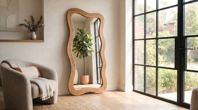 Elegant full length wavy mirror standing in a bright modern living room with large industrial style windows