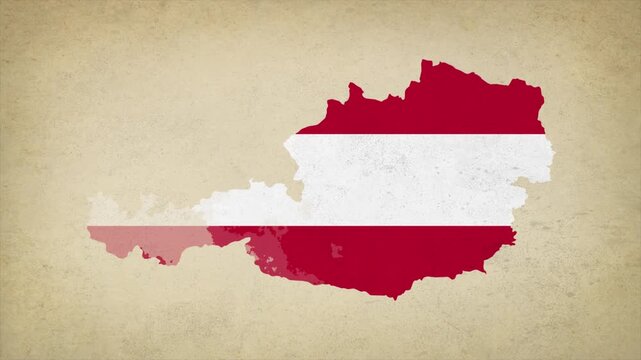 Animated Appearing AUSTRIA Map Filled with Flag Isolated on Vintage Background