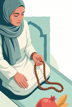Muslim woman praying with prayer beads and pomegranate in serene space  