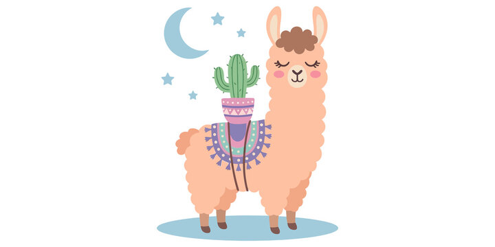Cute cartoon llama with cactus, crescent moon, and stars on a whimsical background.