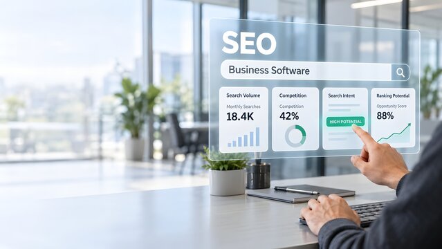 Business professional using digital interface for advanced seo data and website analytics