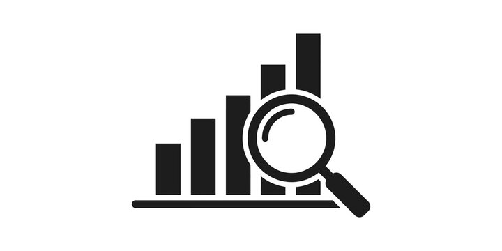 Bar chart with magnifying glass icon for data analysis and financial performance tracking.