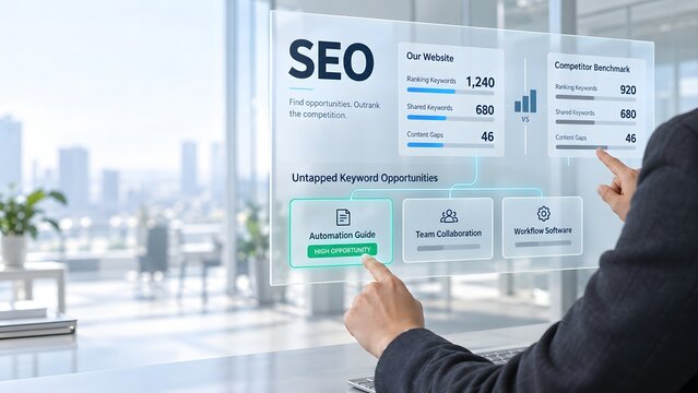 Business professional analyzing digital seo performance metrics on a transparent glass screen